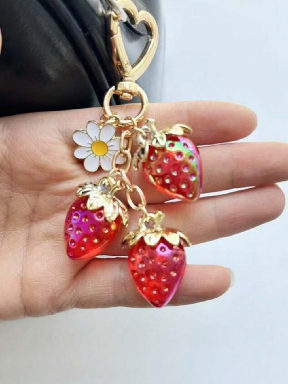Strawberry Trio bag charm/ Keychain with Daisy Charm - Red & Gold